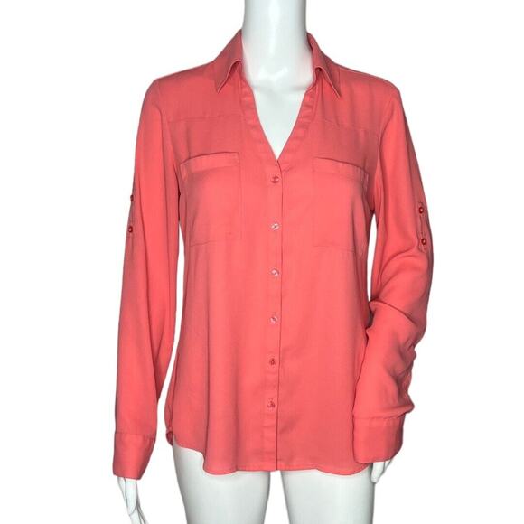 Express Shirt Womens Small Coral Pink Chiffon Portofino Office Business Casual - Picture 1 of 7